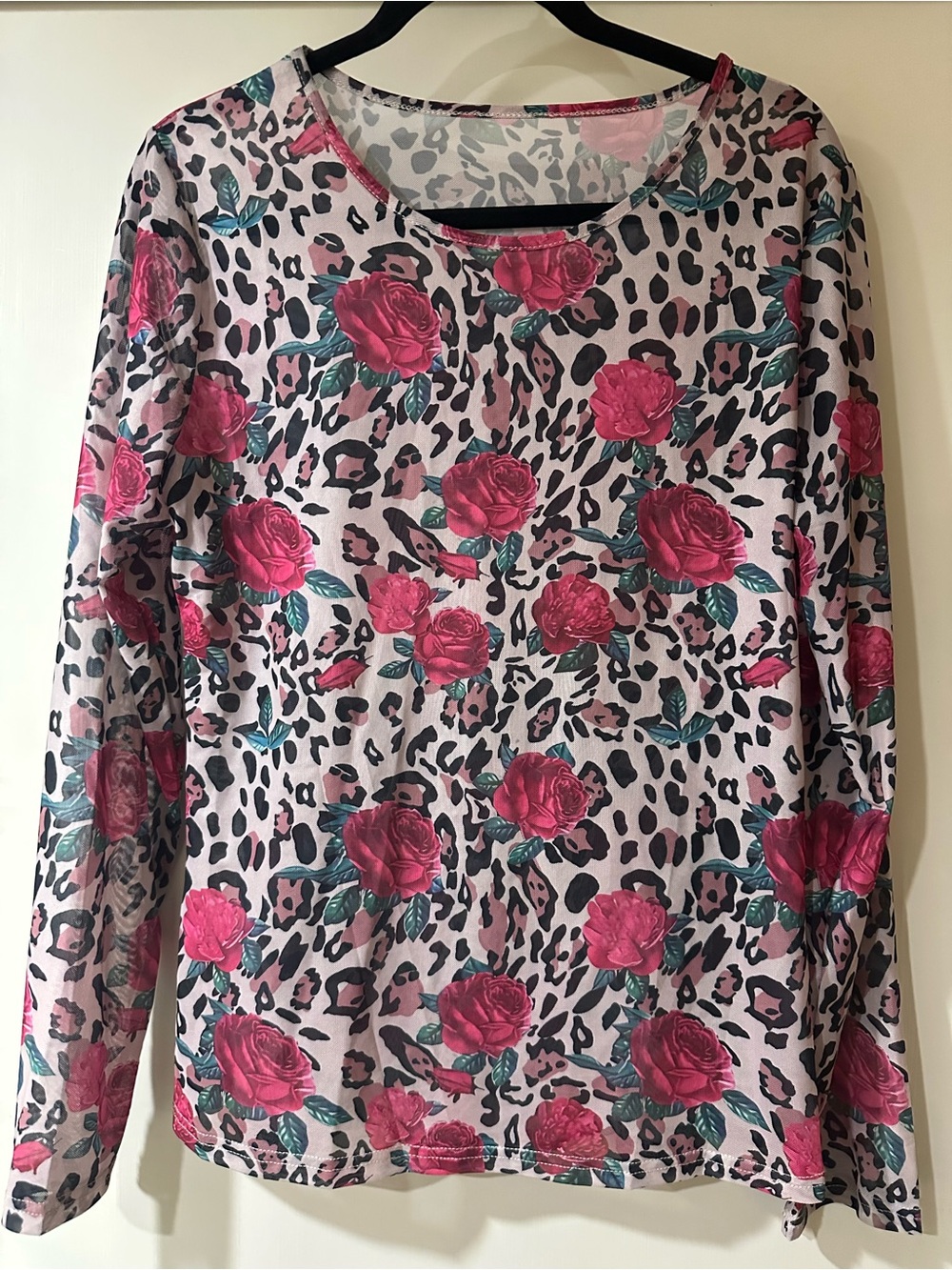 Pink Floral & Leopard Print Long Sleeve Mesh Top